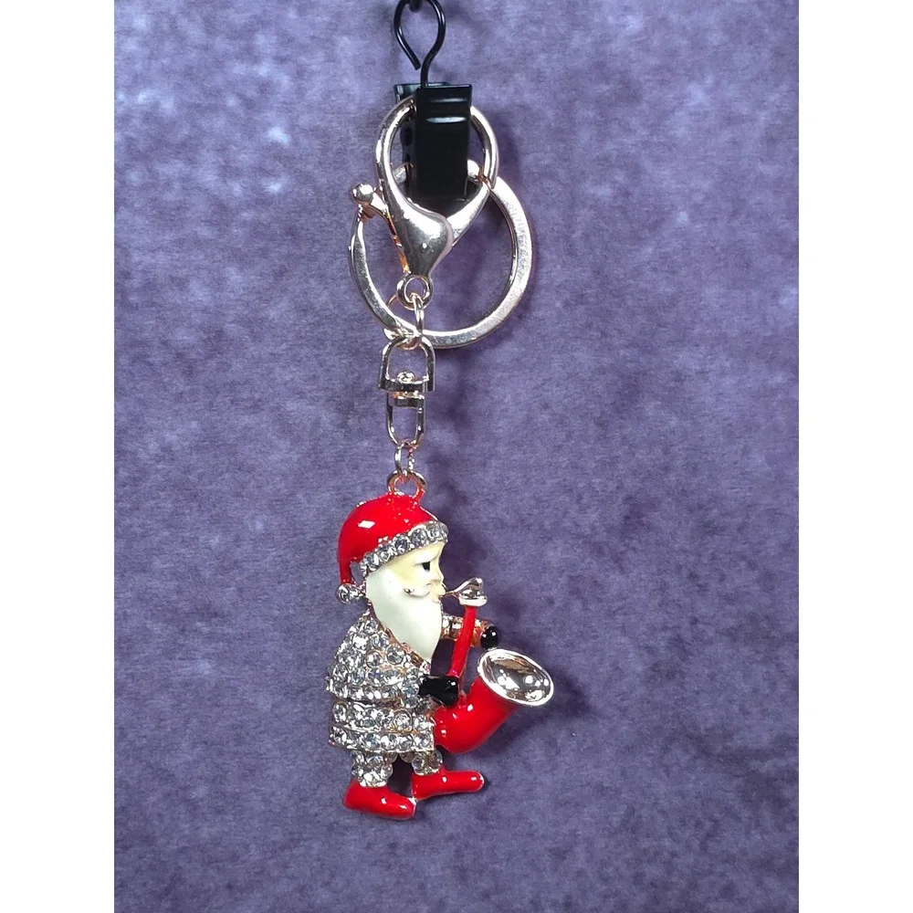 Sparkling Rhinestone Santa Claus Saxophone Keychain Christmas Gift Bag Accessory